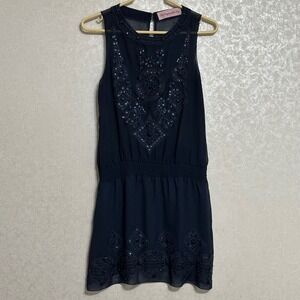 Impeccable Pig Sheer Navy Blue Mini Dress Sleeveless Tunic Embroidered Sequins S